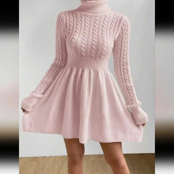Cable Knit Turtleneck Pink Mini Sweater Dress - Picture 6 of 6